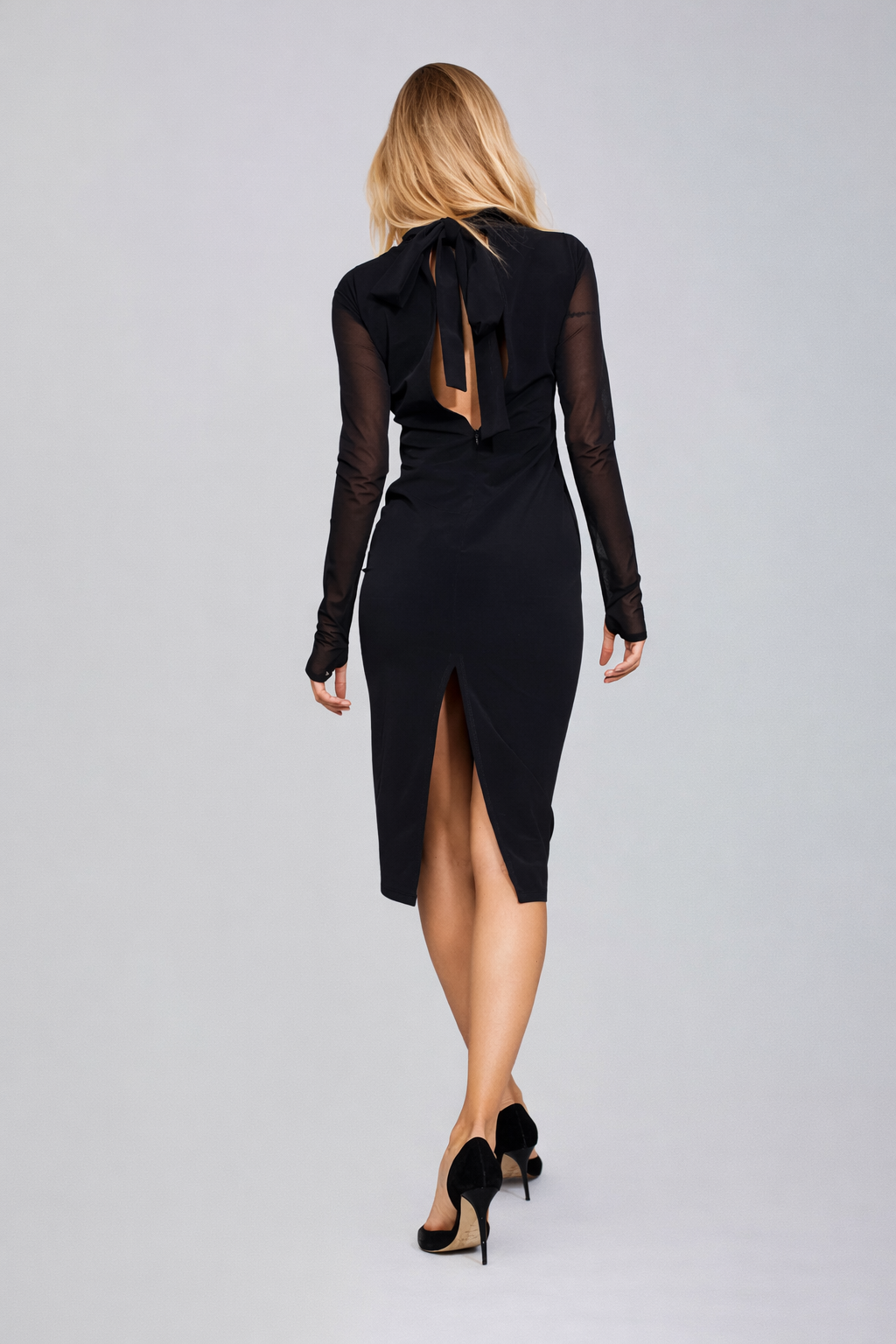 Cut-Out Black Dress - Turtleneck with Sheer Sleeves
